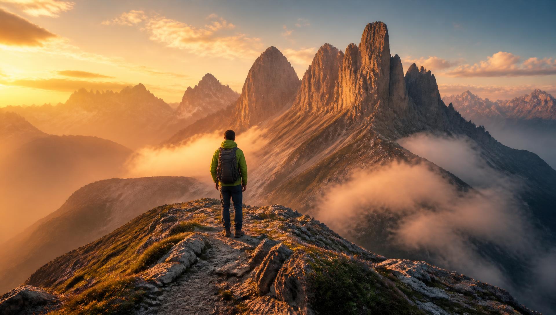 Turista na skalnatém hřebeni Dolomit při východu slunce